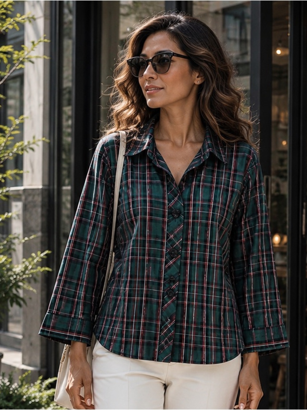 Foxcroft Dark Green and Red Plaid Button Down Shirt